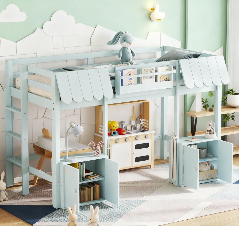 Bellemave Twin Size Low loft Bed with Bookshelf, Curtain for Kids,Wood Modern Farmhouse Kids Loft Bed with Shelf, Storage Headboard, Blue