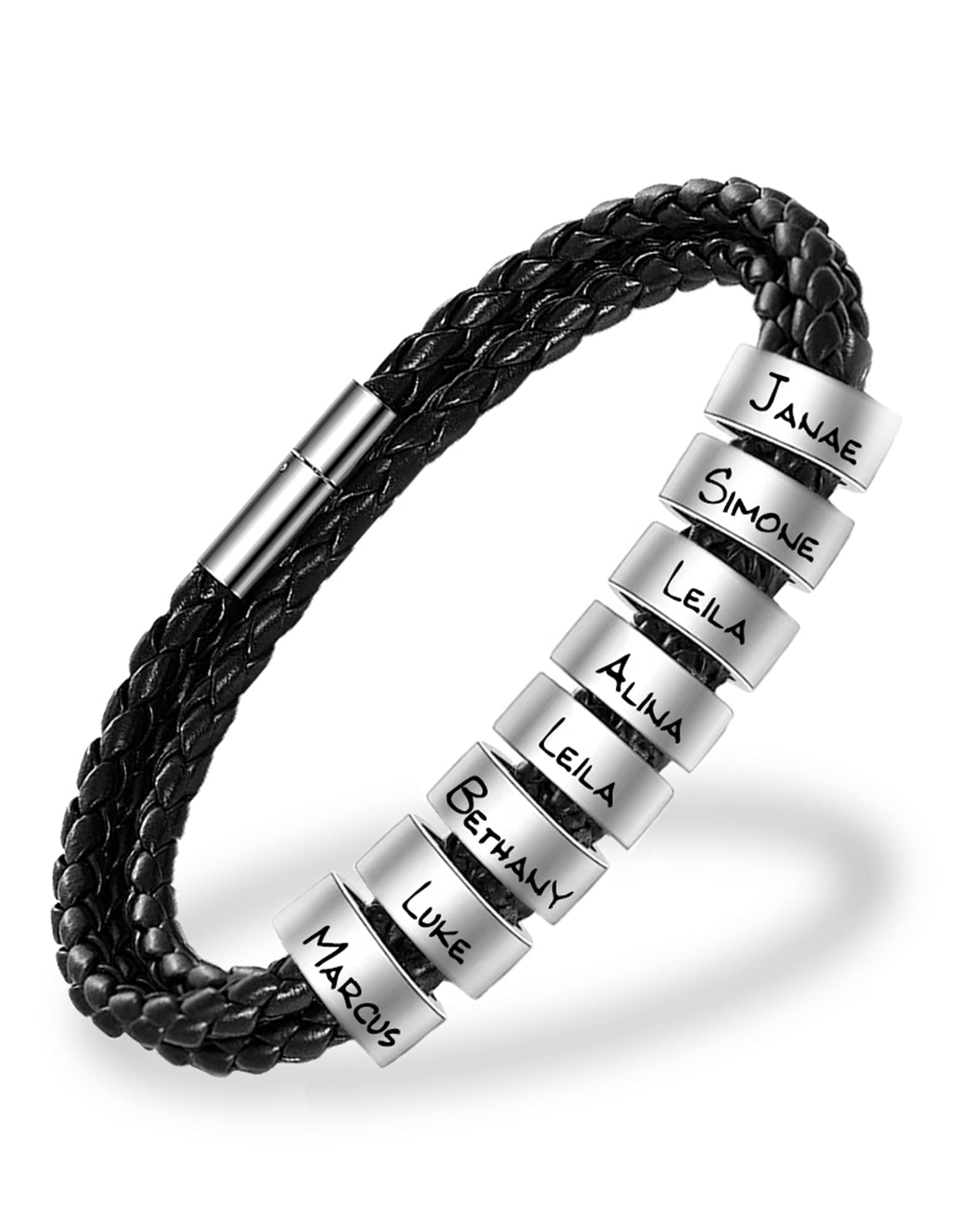 Mens Leather Bracelets with 1-8 Engraved Beads Name, Custom Name Braid Bracelet Personalized Men's ID Bracelet for Dad, Grandpa