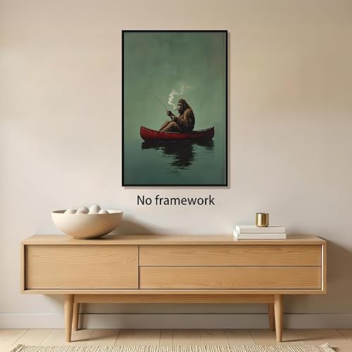 Miniatura 7 de Póster de lienzo retro de Sasquatch, divertido pie grande en una canoa roja, pesca verde esmeralda, arte de pared, diseño de casa de lago