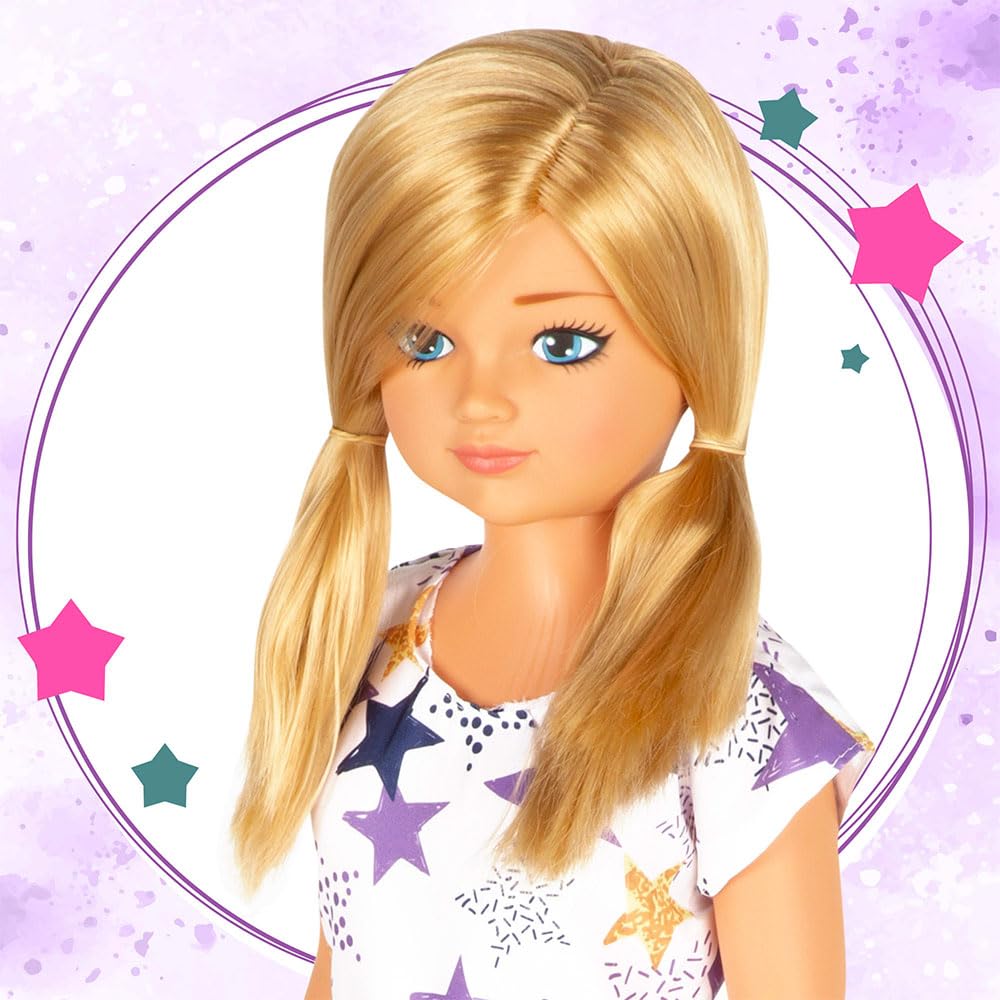 ColorBaby - Muñeca María Grande articulada, 85 cm, Pelo Rubio y Largo, para peinar, Piernas y Brazos articulados, Vestido Estrellas, Ropa con Velcro, Juguetes niños 3 años (47699)