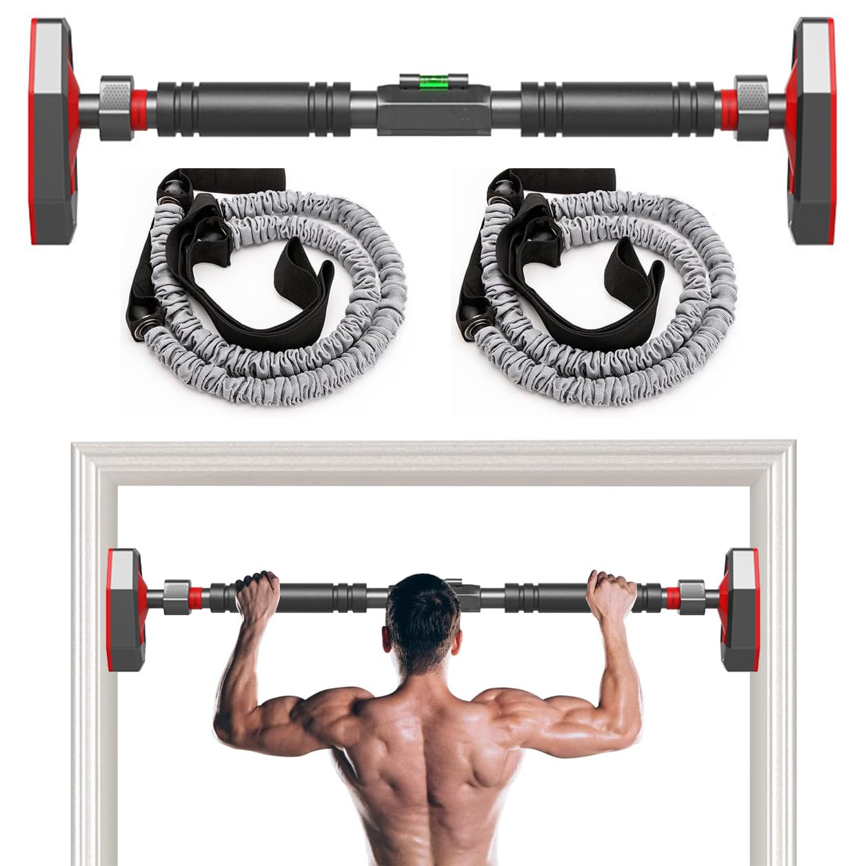 ExrpPull Up Bar for Doorway, Pull-up Bar with Resistance Bands, Chin Up Bar Upper Body Workout with Level Meter and Adjustable Width