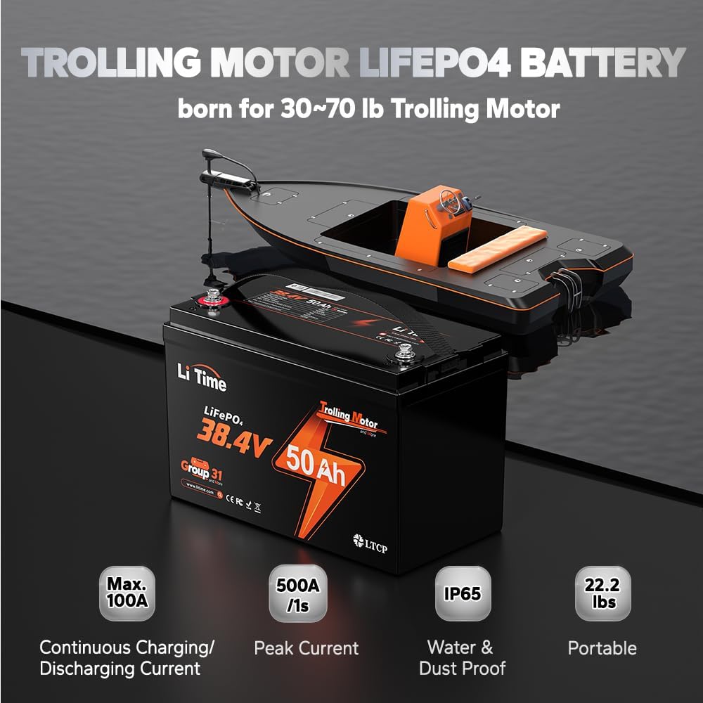 LiTime 36V 50Ah TM LiFePO4 Battery with Low Temp Protection, Deep Cycle Rechargeable Lithium Battery Group31, Up to 15000 Cycles, Perfect for Trolling Motors,Yacht,Boats,Marine,RV,Home