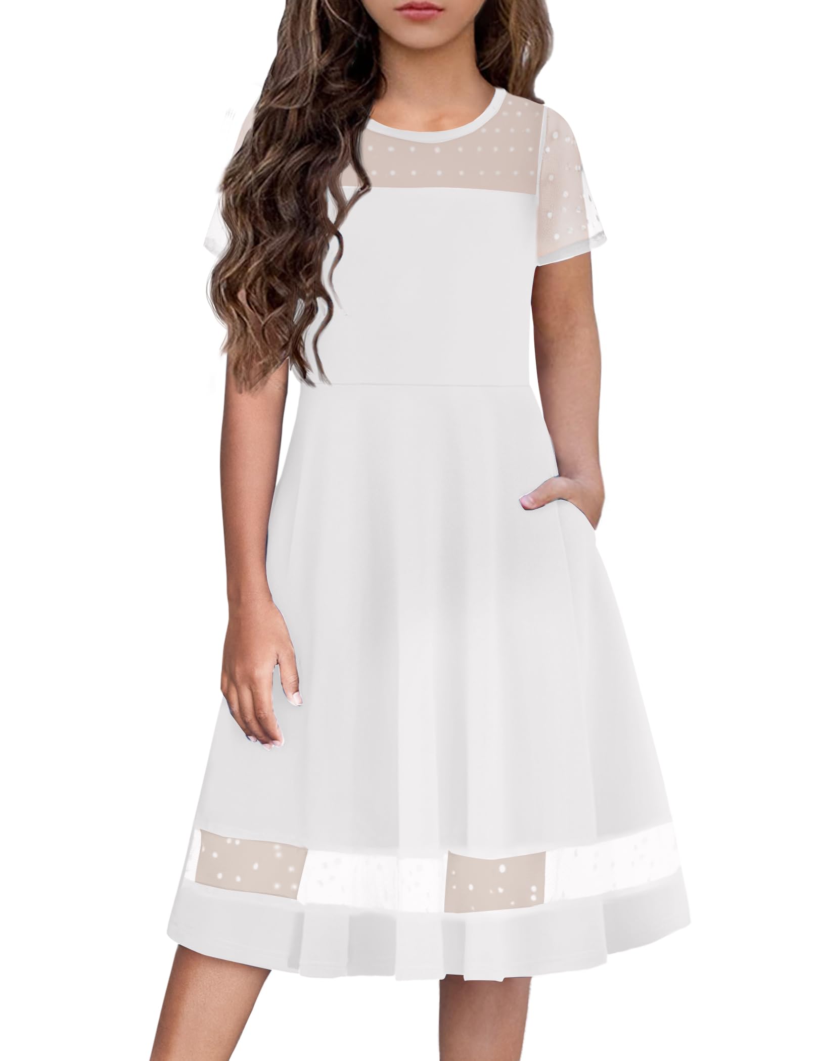 Arshiner Tween Girls Dress Formal Contrast Mesh Short Sleeve A Line Party Dresses with Pockets for 5-12 Years