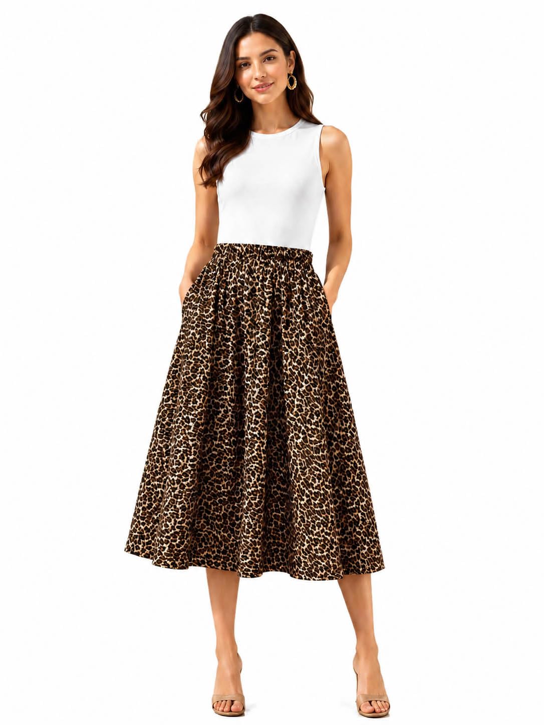 Women's Tiger Printed Crepe Midi Skirt | High Waist A-Line Flared Casual Skirt | Lightweight & Comfortable-image-33