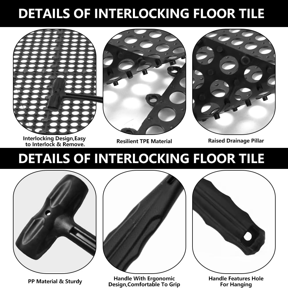 30 Pack Drainage Interlocking Tiles, 12"x12" Modular Interlocking Floor Tiles with 1 Pc Plastic Hammer Non Slip Rubber Floor mat with Holes for Pool Bathroom Deck Kitchen Patio (30, Black) — Amazon image 3