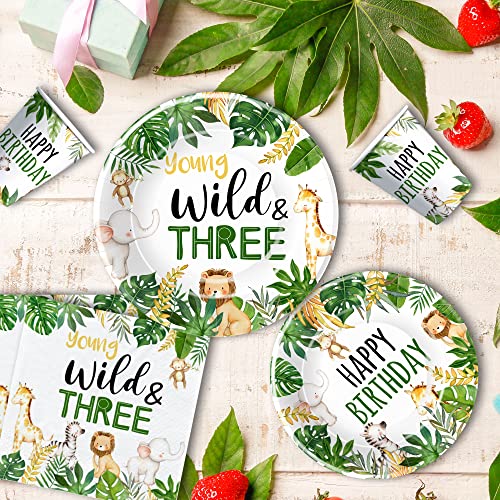 Hipvvild Safari Jungle 3Rd Birthday Plates And Napkins Party Supplies For Kids - Young Wild And Three Decorations Tableware, Plate, Cup, Napkin, Wild Animal 3-Year-Old Birthday Decorations | Serves 24 #TOP2