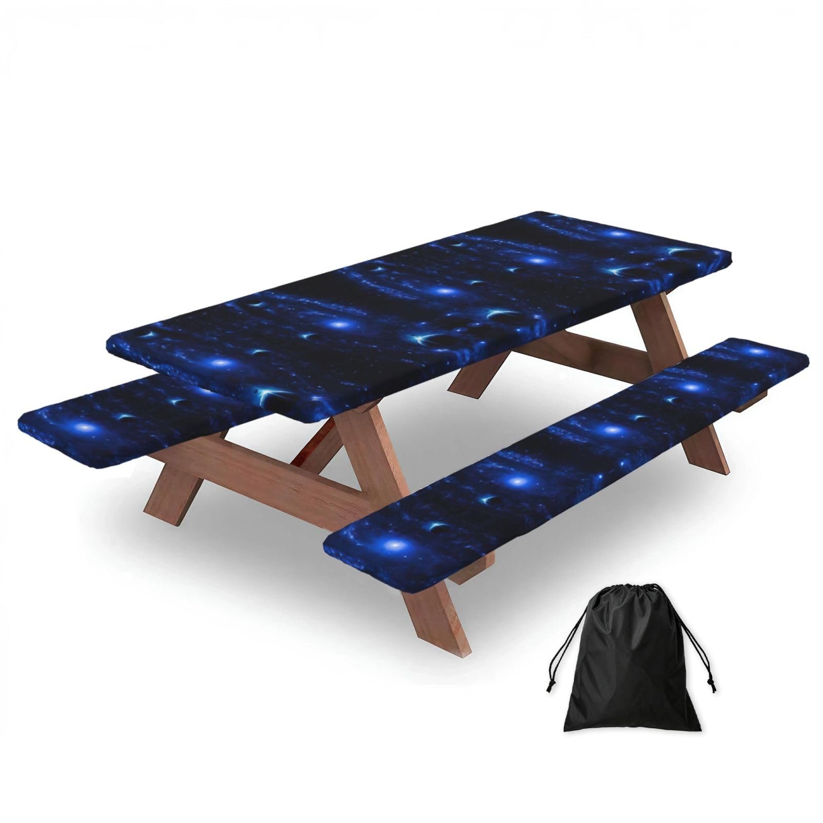Duwaa Black Galaxy Print 183Cm Picnic Table Cover With Bench Covers, Waterproof Elastic Tablecloth Set For Outdoor