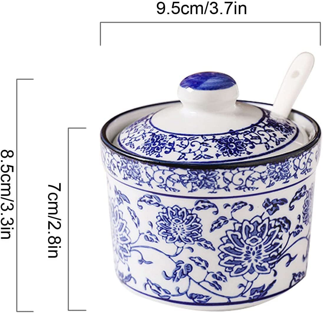 Keramische Gewürzdosen, Gewürzdosen, Chinesische und Porzellan-Zuckerdose mit Deckel, Porzellan-Zuckertopf mit Löffel, Kleiner Salztopf und Einzeltopf