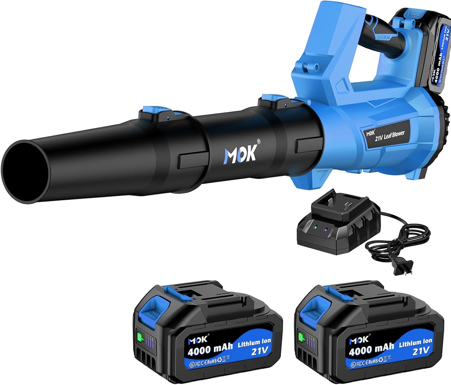 MOK Leaf Blower,Brushless Motor Electric Cordless Leaf Blower with 2 x 21V 6.0Ah Battery and Charger, 5-Variable Speed & Turbo Mode, Blower for Lawn Care, Patio Cleaning and Dust(Blue)