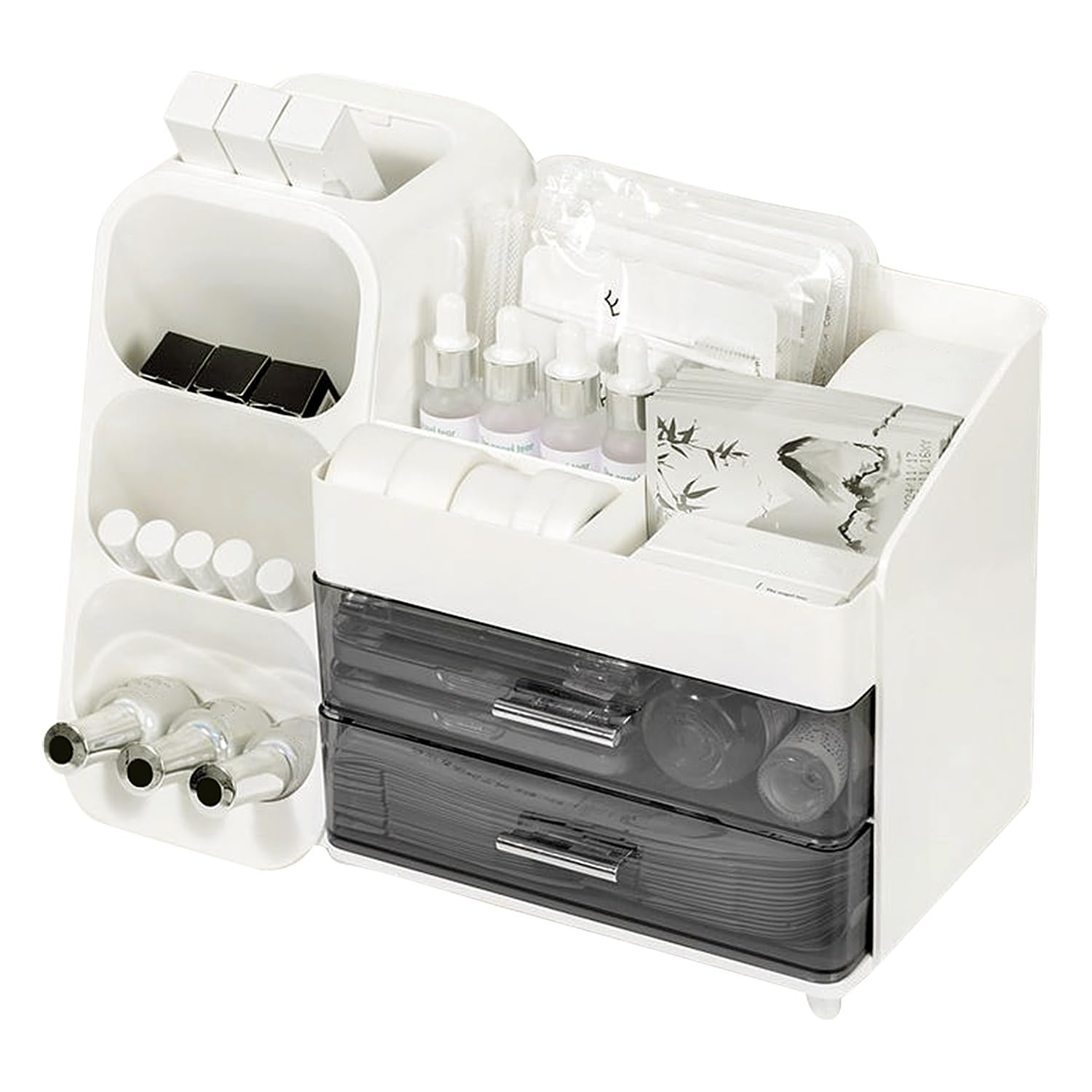 Makeup Organizer z 2 szufladami, organizer na pędzle, duża skrzynka na kosmetyki (Biały)