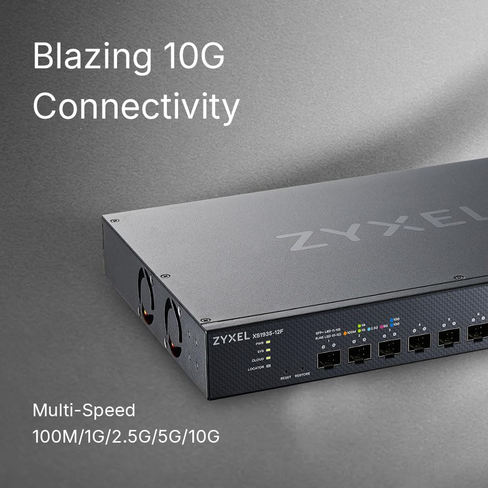 Zyxel Switch di rete a 12 porte | Splitter Ethernet gestito intelligente Layer 3 | 2X Multi Gigabit 10G RJ-45 + 10x 10GbE SFP+ | Capacità di commutazione 240Gbps | Kit di montaggio rack incluso |
