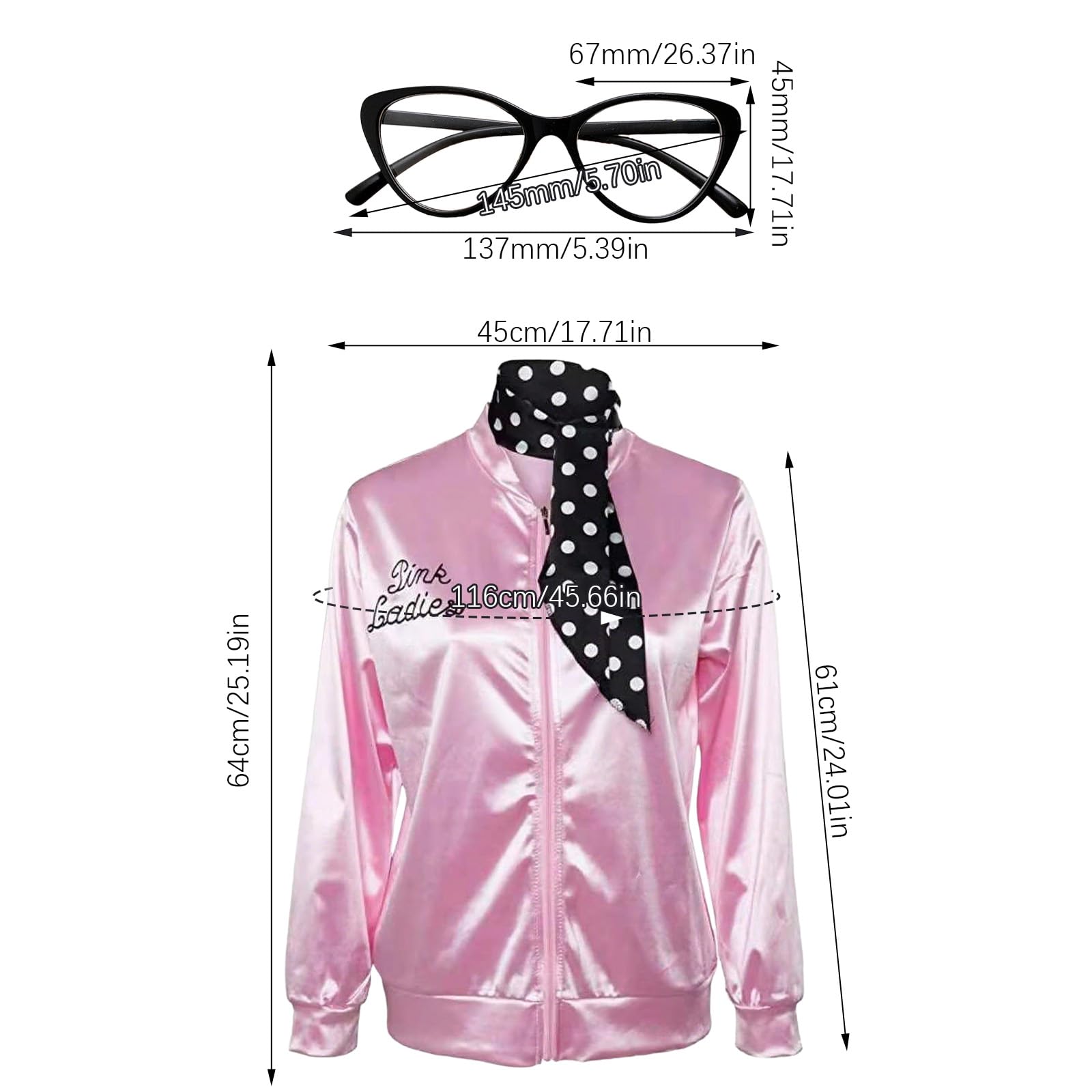 AYNKH Pink Jacket for Ladies Fancy Dress with Accessories Scarf Glasses 1950s Pink Satin Jacket - Image 2
