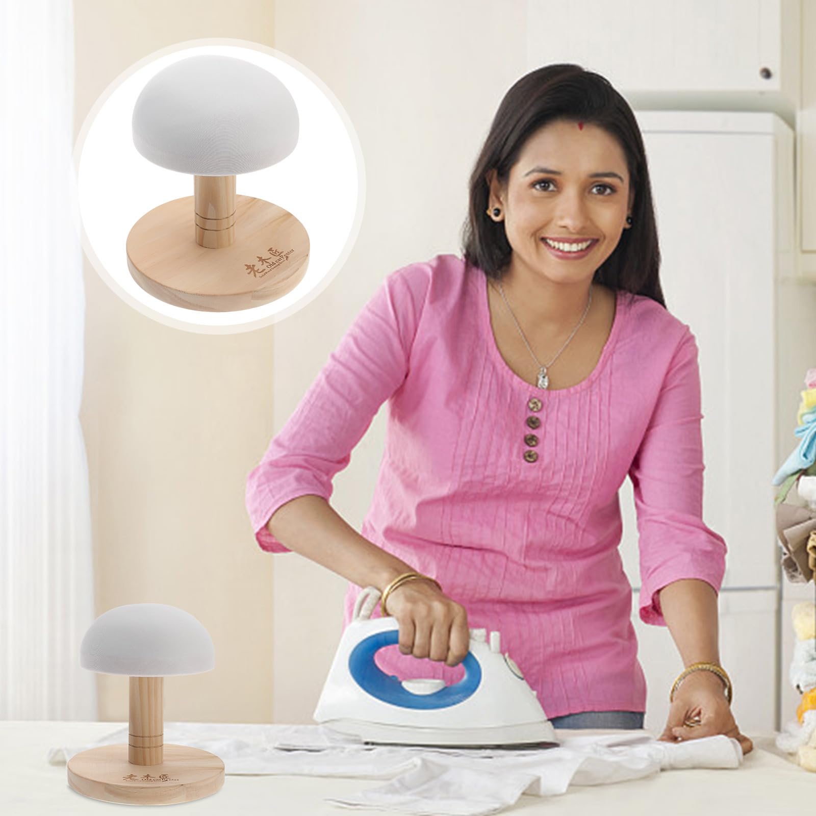 minkissy Tabla para Planchar Pequeña Redonda, Herramienta de Planchado Base Antideslizante, Soporte Estable de Madera en Gris/Blanco, Taburete Compacto para Hogar y Viaje Color Aleatorio