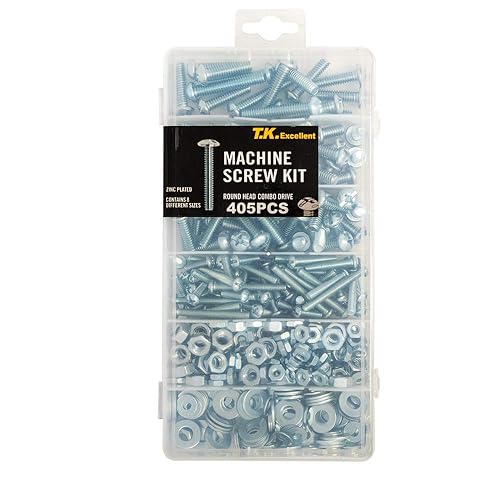 T.K.Excellent Tornillos de máquina y tuercas hexagonales y arandela plana #8-32 a #14-20 Phillips-Slotted Round Head Combo Drive Bolt Kit surtido,