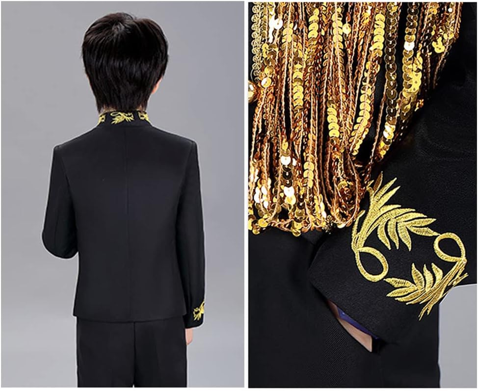 Boys Glitter Sequins Fringe Blazer Embroidered Tuxedo Suit Jacket Fancy Cosplay Prince Retro