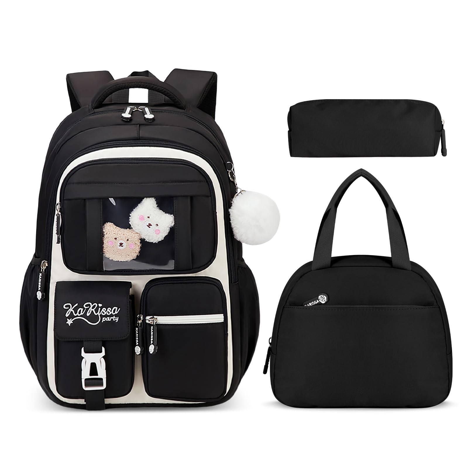 Amythe Sac à Dos Fille, 3 Pièces Cartable Fille Primaire en Nylon, Noir