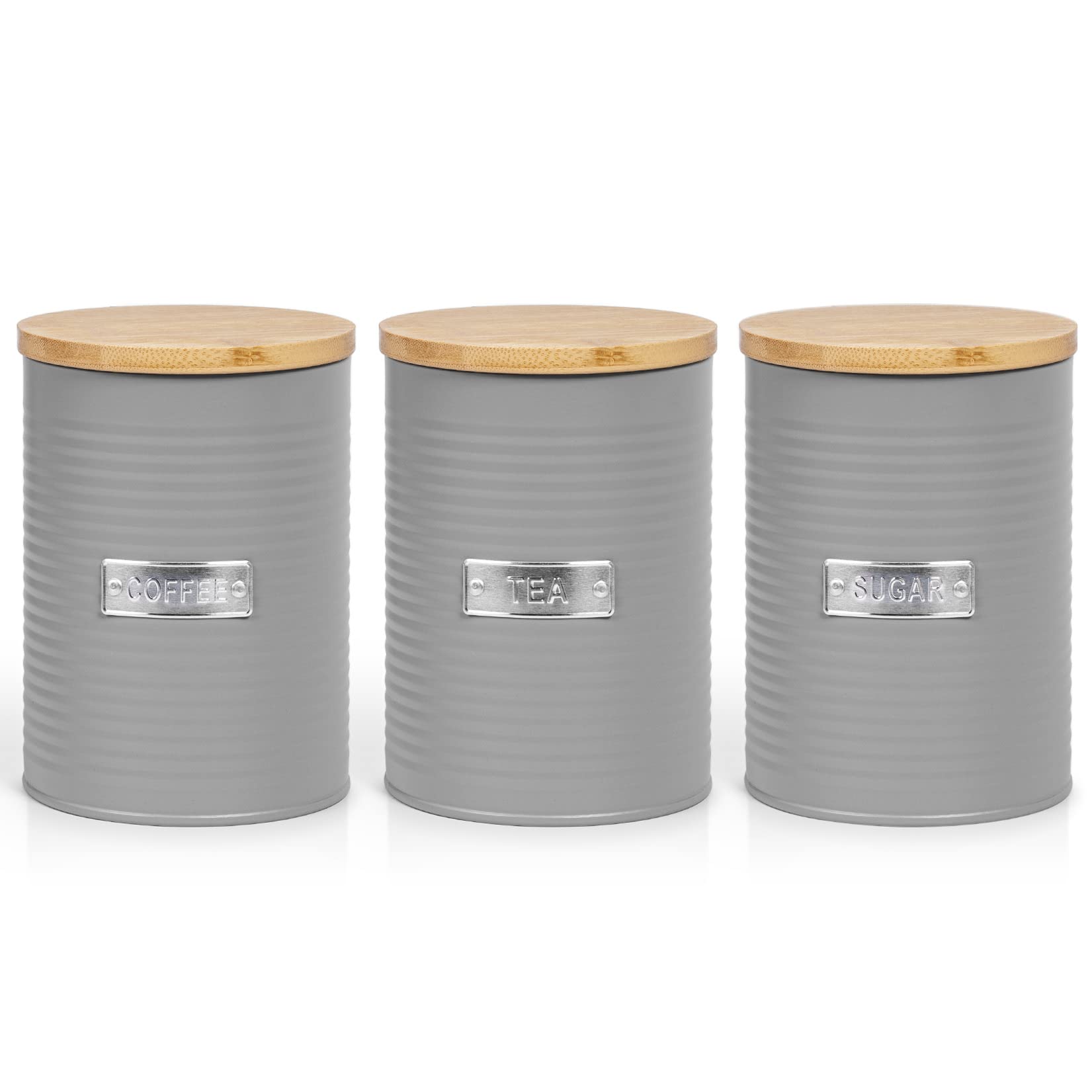 EHC Set of 3 Tea, Coffee & Sugar Canister Storage Jars Container Set, Grey