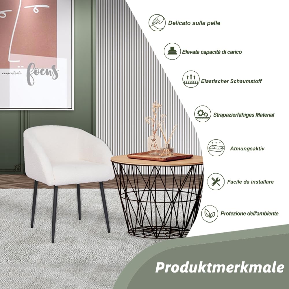 Mingone Sessel Lounge Loungesessel für Wohnzimmer Lammwolle Polsterstuhl Stuhl mit Armlehnen Cocktailsessel Modern Schwarz Metallbeinen für Schlafzimmer Last bis 120 kg, Weiß