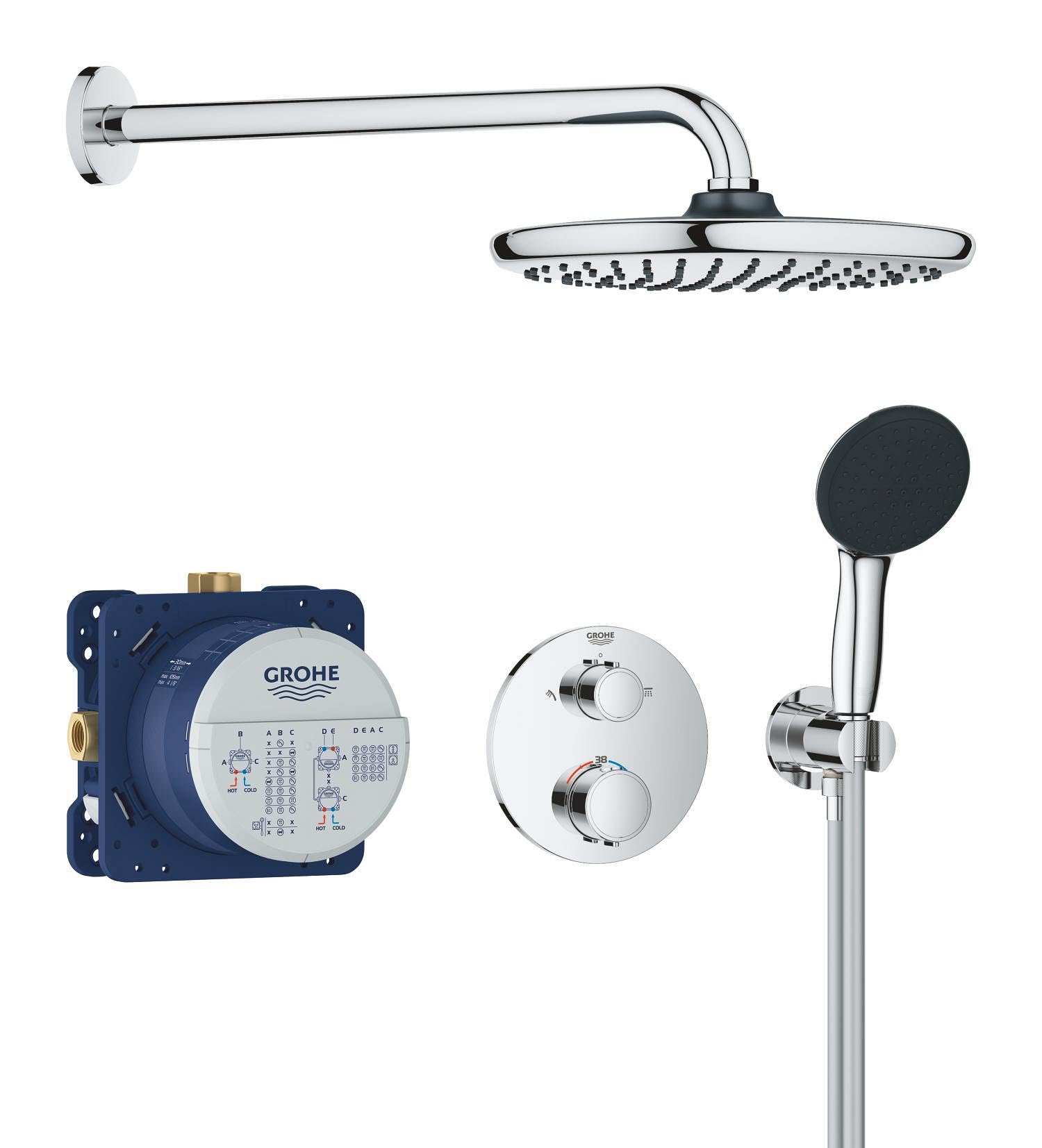 GROHE Precision Thermostatique Ensemble de Douche Encastré 2 sorties (Douche de Tête Vitalio Start 250, Pommeau de Douche Vitalio Start 110 2 jets, Support Mural et Flexible 1, 5 m), Chromé, 34883000