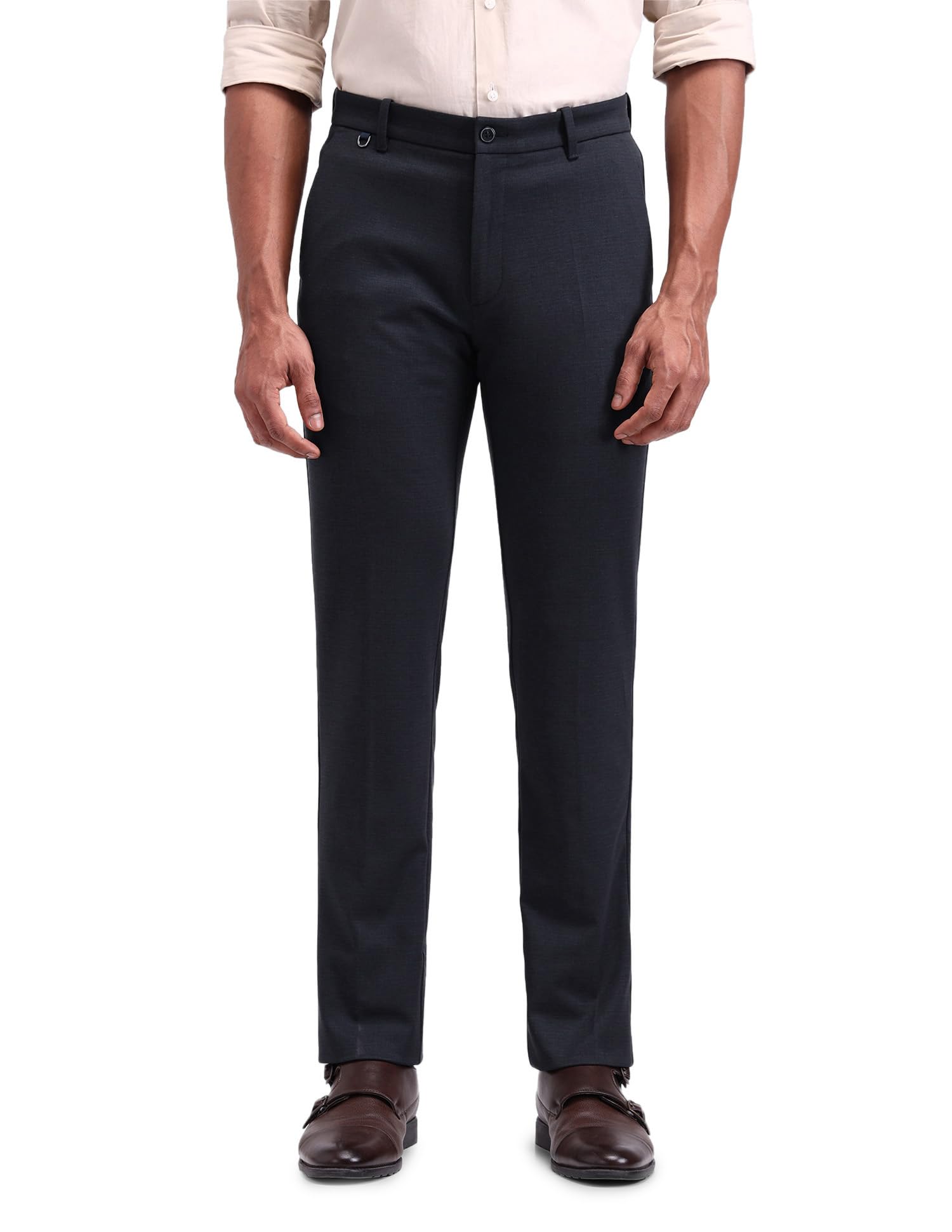 arrow New York Men's Blue Self-Design Mid Rise Polyester Button Slim Fit Flat Front Slant Pocket Trousers-picture-49