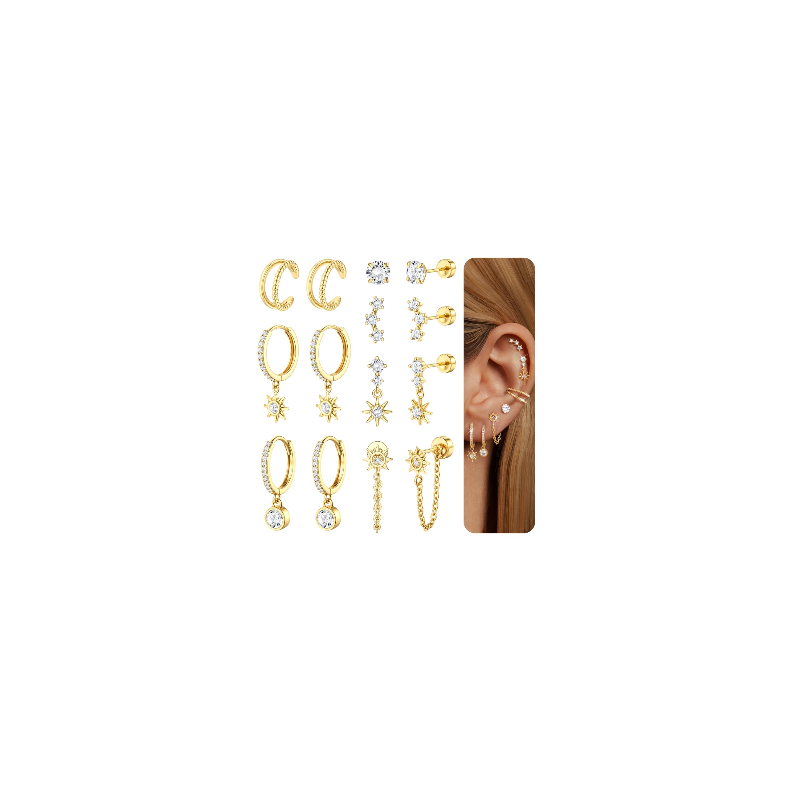 Dochais Flat Back Cartilage Earrings for Women Trendy Dainty CZ Flatback Studs Earing Sets 14k Gold Plated Hypoallergenic Huggie Hoops Earring Stacks for Multiple Piercing Gold2