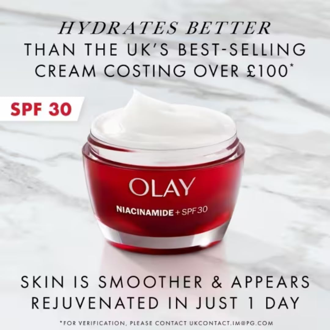 Olay Niacinamide + SPF30 Feuchtigkeitscreme, Tagescreme mit 99 Prozent reinem Niacinamid, Vitamin E und LSF 30, 50 ml