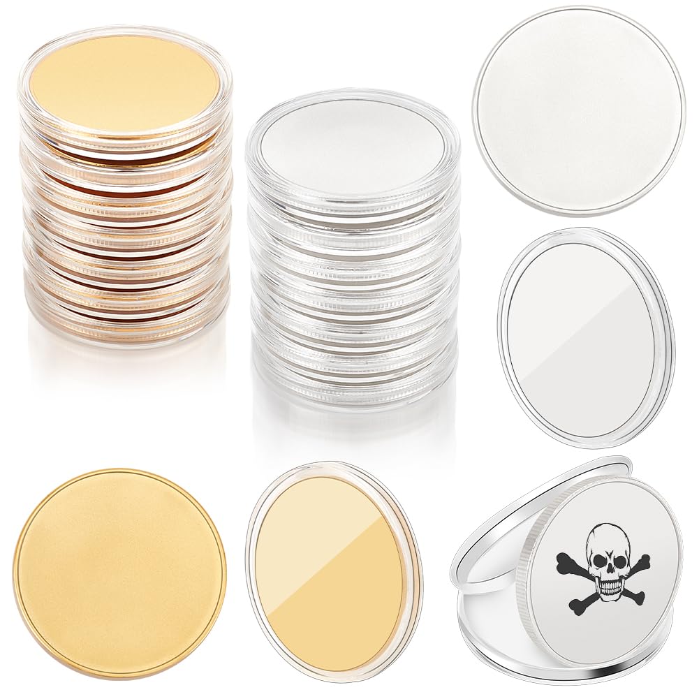 WEBEEDY 20 pezzi Blank Challenge Coin Incisione Monete grezze in metallo punzonatura 40 mm per incisioni laser a fibra, rotonde, tag filettati, moneta con scatola protettiva in acrilico, oro e argento