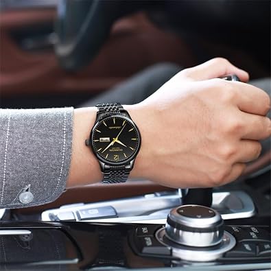 GUANQIN Men Calendar Week Luminous Japanese Automatic Self-Wind Mechanical Wrist Watch Sapphire Crystal Business Waterproof Clock Man Vintage Stainless Steel Wristwatch (Black)