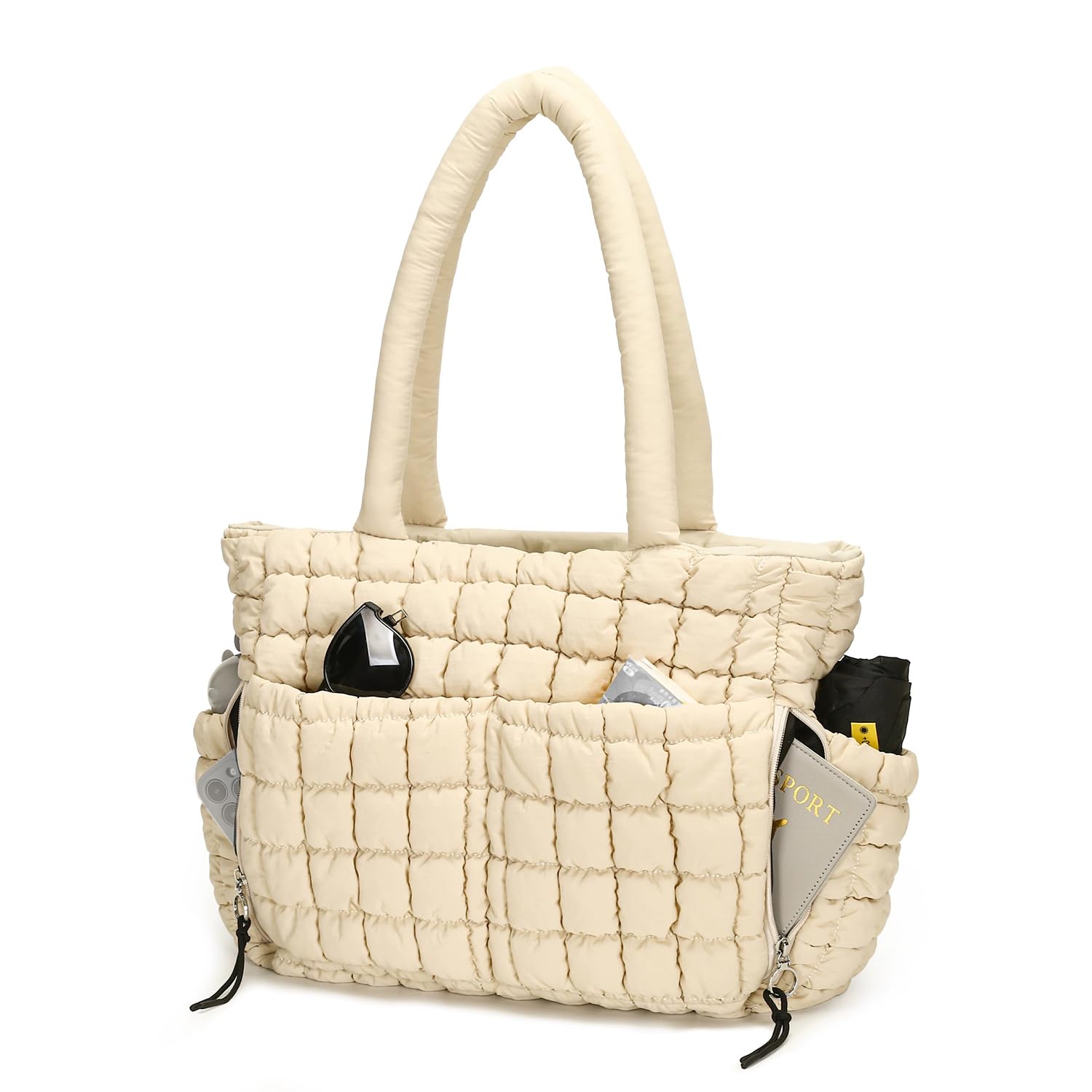 Herald Quilted Puffer Tote Bag for Women, Bubble Puffy Handbag with Compartments, Shoulder Purse for Work Travel Gym