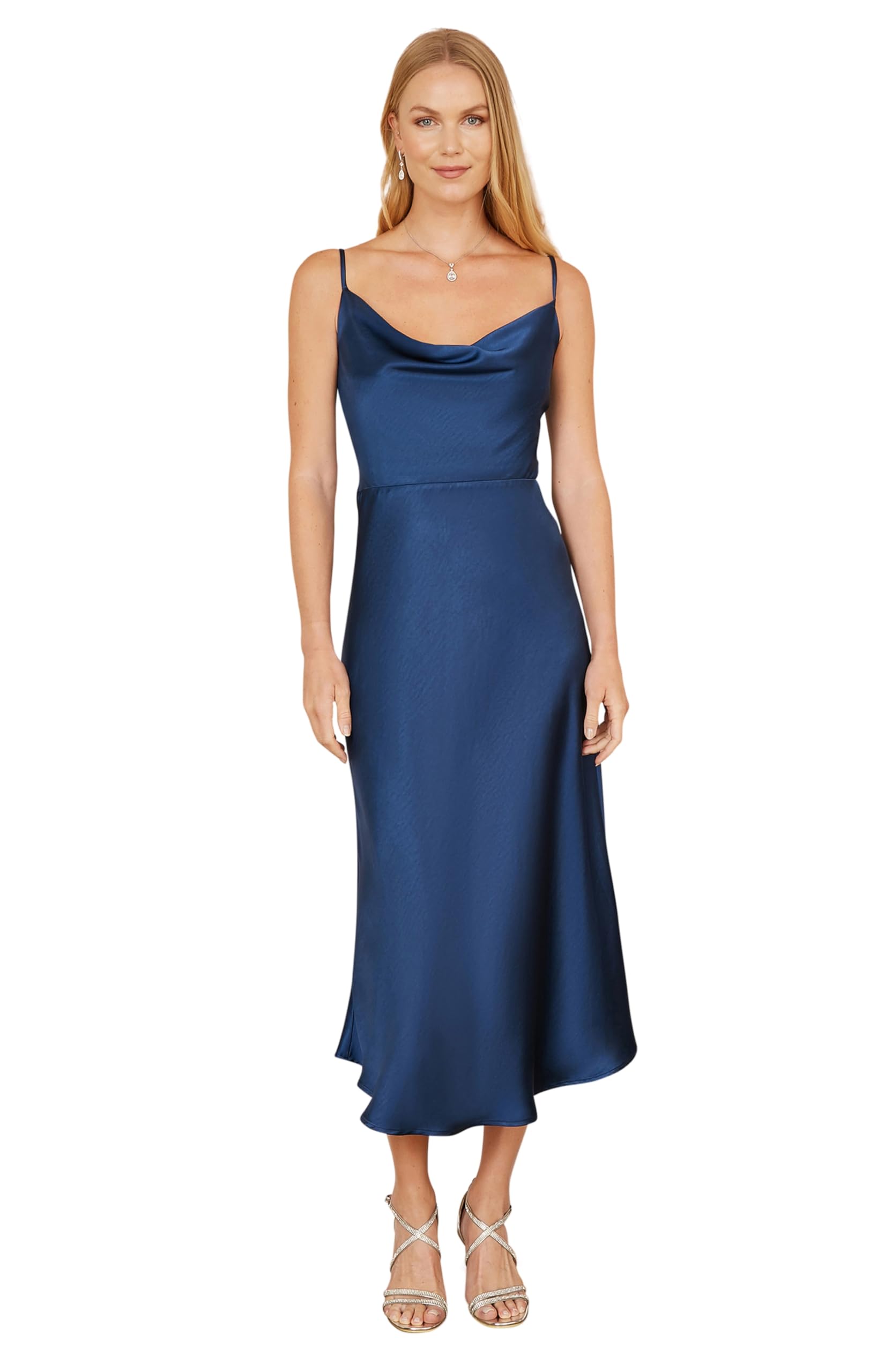 Yumi Women's Navy Satin Cowl Neck Midi Dress | Size: 14