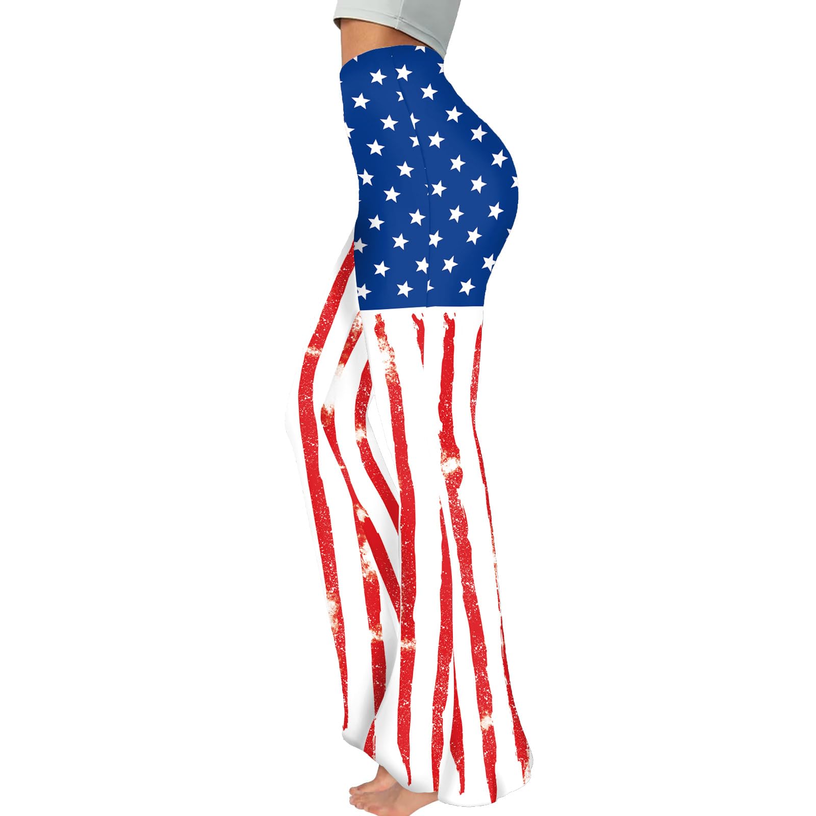 Flaminet American USA Flag Bell Bottom Pant for Women 4th of July Stretch Yoga Flare Pants