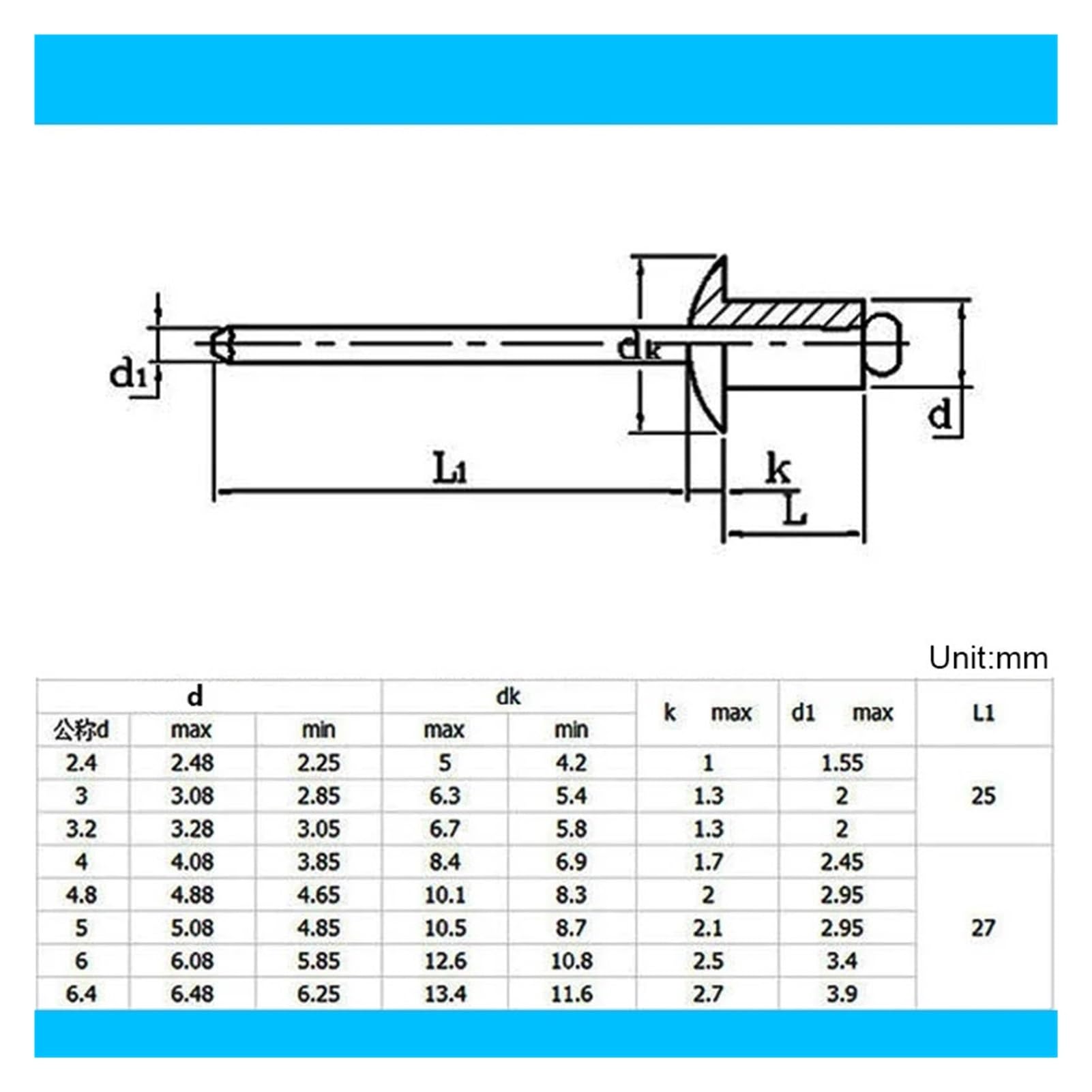 Rivetti ciechi, Rivetto cieco in alluminio Testa tonda Tirare M2.4 .8 M3 .6 M4 Ancoraggio a cupola Gambo in acciaio Mandrino Scarico(12mm,M3 (100Pcs))