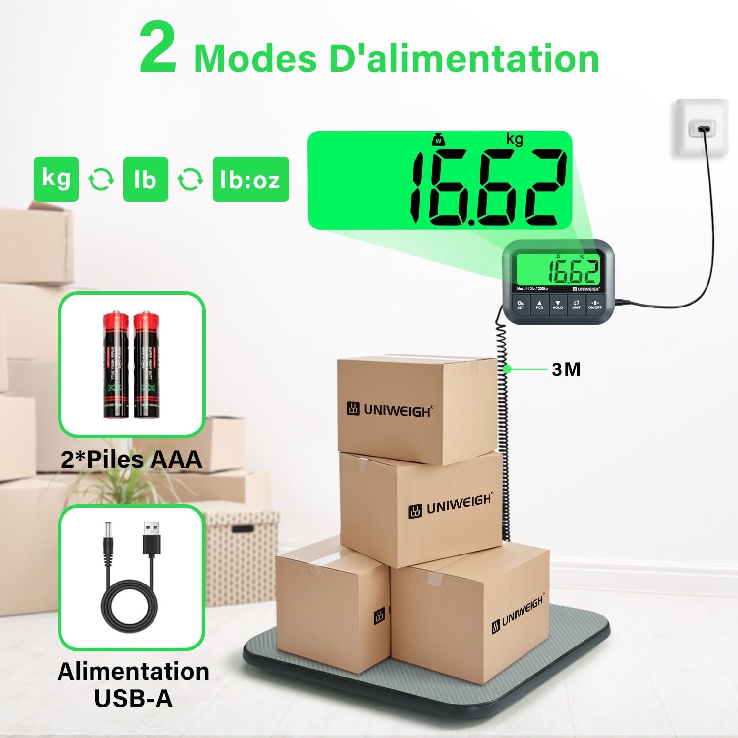 UNIWEIGH Balance postale numérique 200 kg, précision 9,9 g, maintien/tare/comptage, balance colis commercial