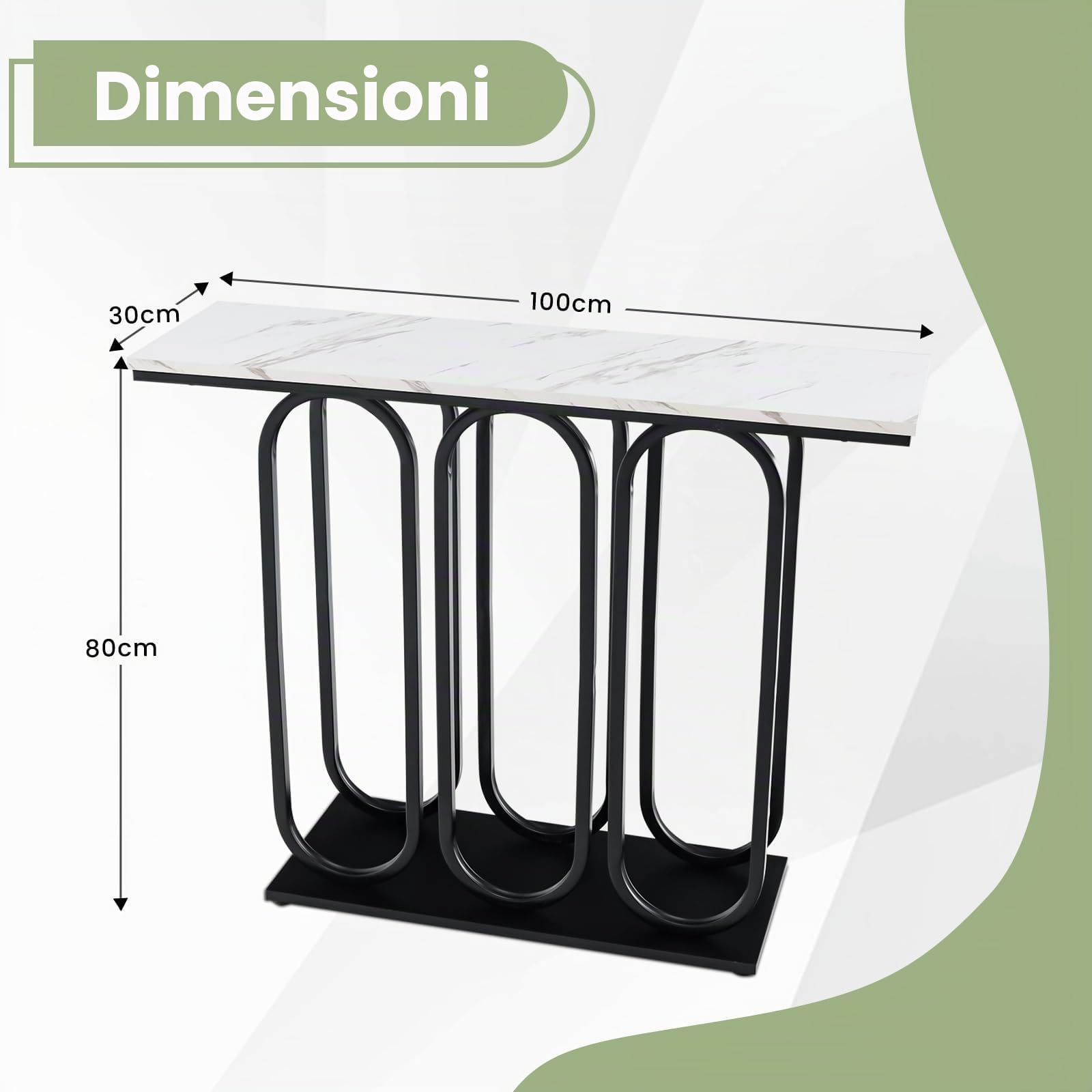 FANTASK Moderno tavolo consolle da ingresso con struttura in metallo, consolle sottile con effetto marmo, per soggiorno, corridoio, camera da letto, ingresso, 100 x 30 x 80 cm (bianco e nero)