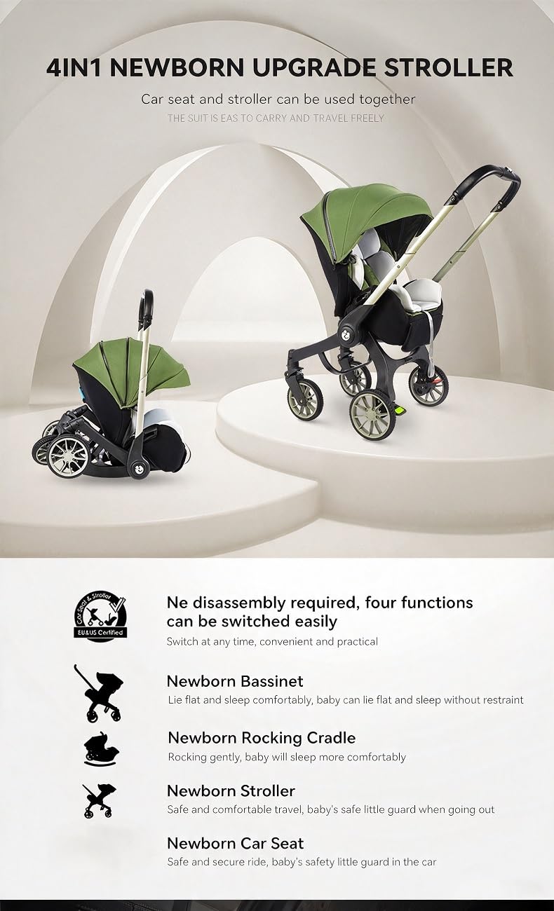Passeggino per Bambini 4‑in‑1 Pieghevole Leggero Compatto, Seggiolino Auto, Navicella e Ovetto, Manubrio Regolabile per Neonati，nero