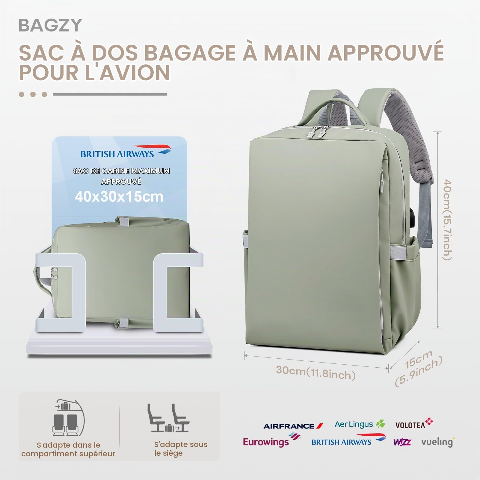 BAGZY 40x30x15cm Air France Sac de Dos Voyage Cabine Avion Imperméable Bagage Cabine 40x30x15 Sac Avion Sacs a Dos Ordinateur 15.6 Pouces Anti-Theft avec USB Sacs de Sport pour Hommes Femmes 20L Noir