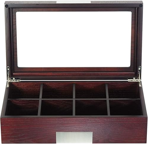 TIMELYBUYS Caja de té de madera de cerezo con 8 compartimentos, organizador de almacenamiento, caja de pecho, tapa de exhibición de vidrio de café y