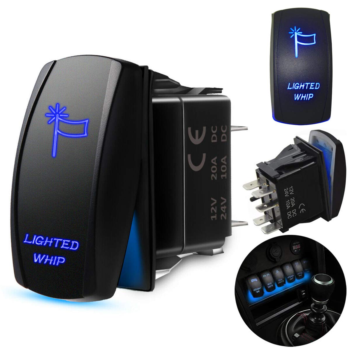 Buy LIGHTED WHIP Rocker Switch 5Pin Laser On/Off Blue LED Light 20A/12V