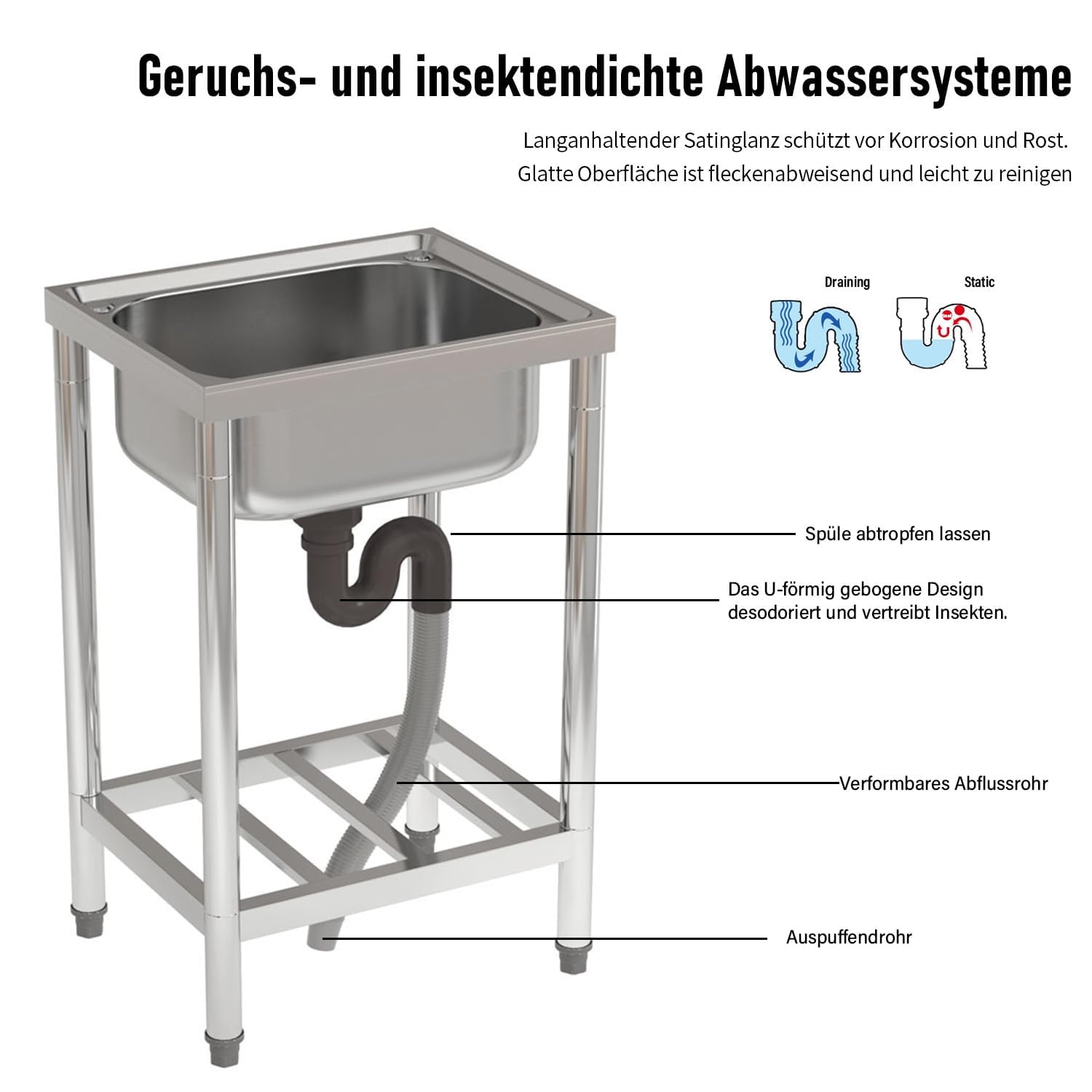 Freistehende Spüle Edelstahl Spültisch mit 43×33×18 cm Becken – Outdoor Waschbecken für Küche, Garten (Edelstahl Silber, 80 cm x 50 cm x 40 cm)