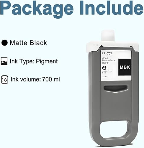 Miniatura 4 de Pfi-707 Cartucho de tinta de pigmento remanufacturado compatible con Canon ImagePROGRAF iPF830 iPF840 iPF850 CAD Plotters 700 ML (1 paquete negro)
