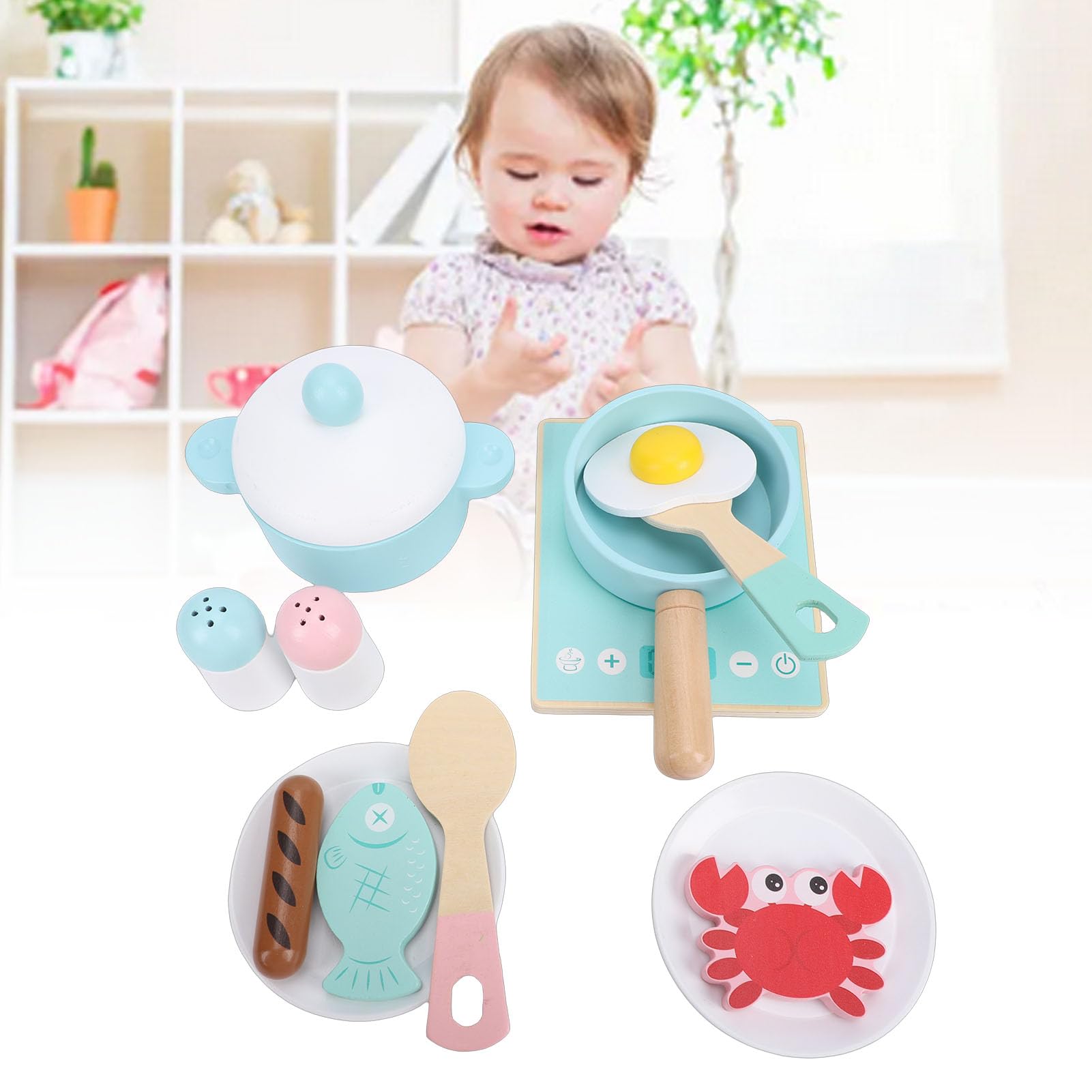 Set da Cucina Giocattolo in Legno per Bambini con Accessori da Cucina Realistici e Utensili in Legno di Faggio, Giocattolo Educativo da 11 Pezzi