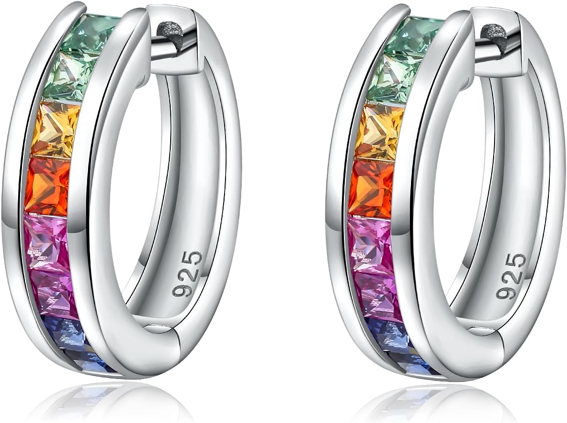925 Sterling Silver Small Hoop Earrings for Women Colorful Created Gemstone Cubic Zirconia Chunky Huggie Hoop Earrings