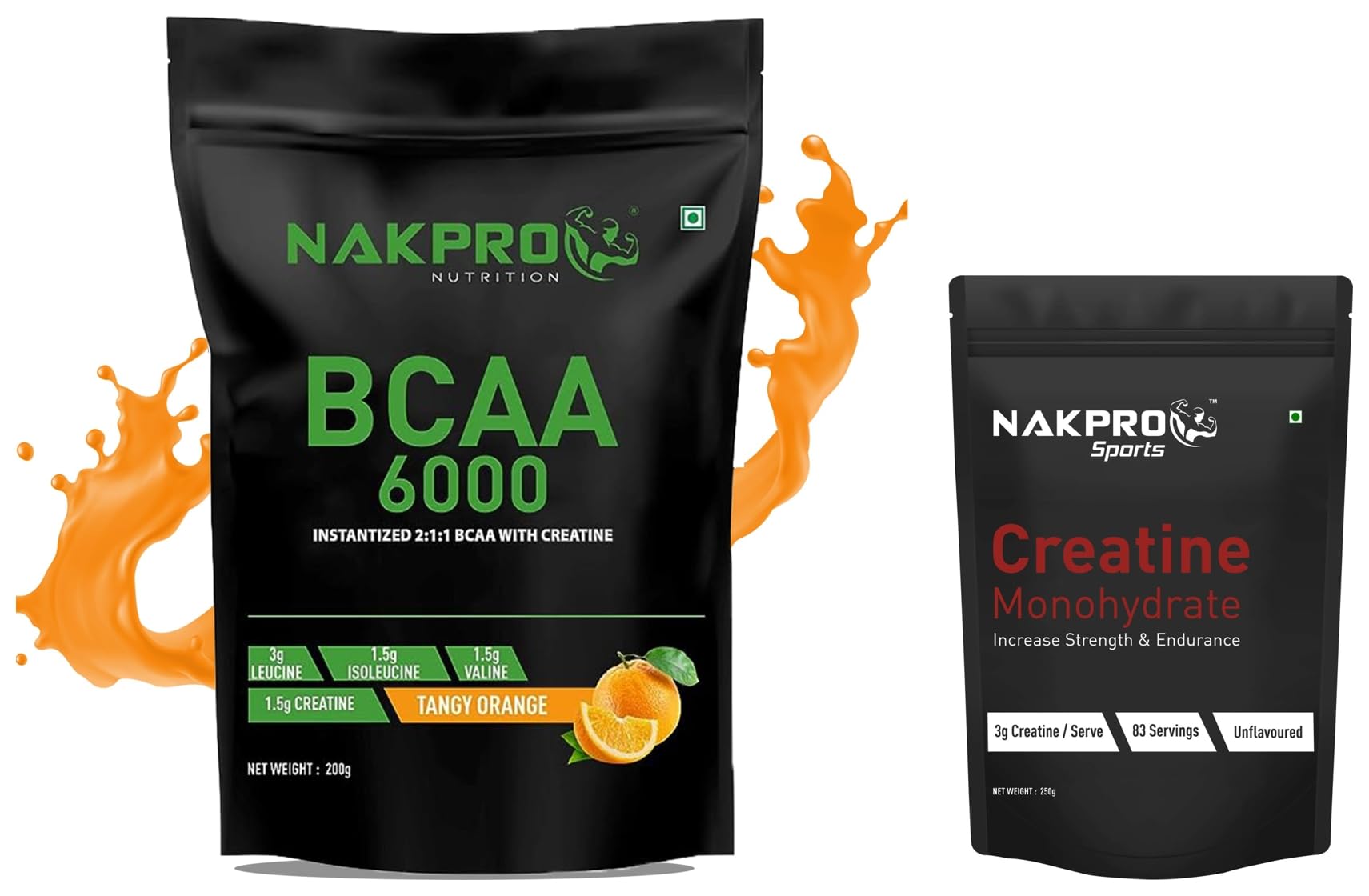 NAKPRO MICRONIZED CREATINE MONOHYDRATE, (Unflavoured, Pack of 250 g Powder) & NAKPRO BCAA|200g powder Tangy Orange (20 Servings)