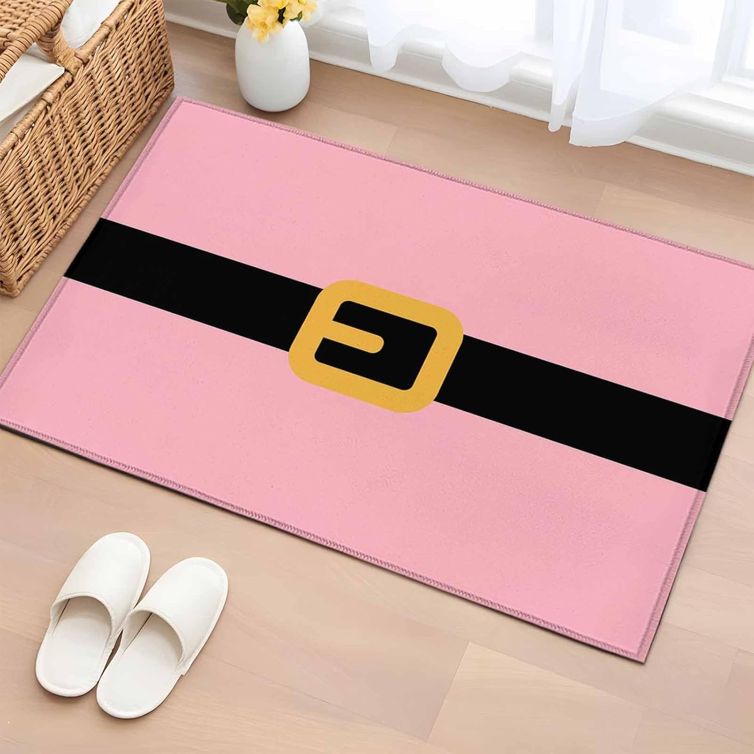 Christmas Pink, 2' x 3' Area Rugs for Entryway, Washable Bathroom Mat Rugs with Rug Tape, Blush Santa Claus Black Belt Accent Indoor Outdoor Doormat for Front Door Kithcen Dorm