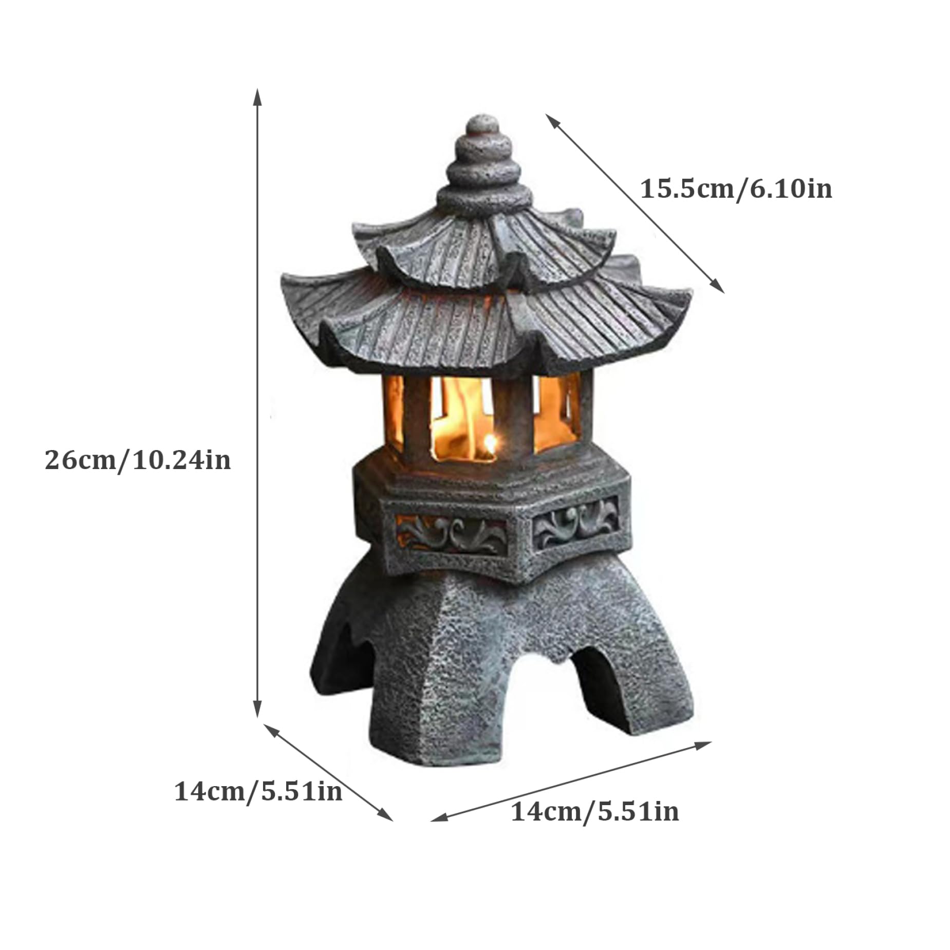 Décoration de Jardin, Statue de Jardin Pagode, Style Japonais, Résine Résistante aux UV, Lanterne Solaire, Gris