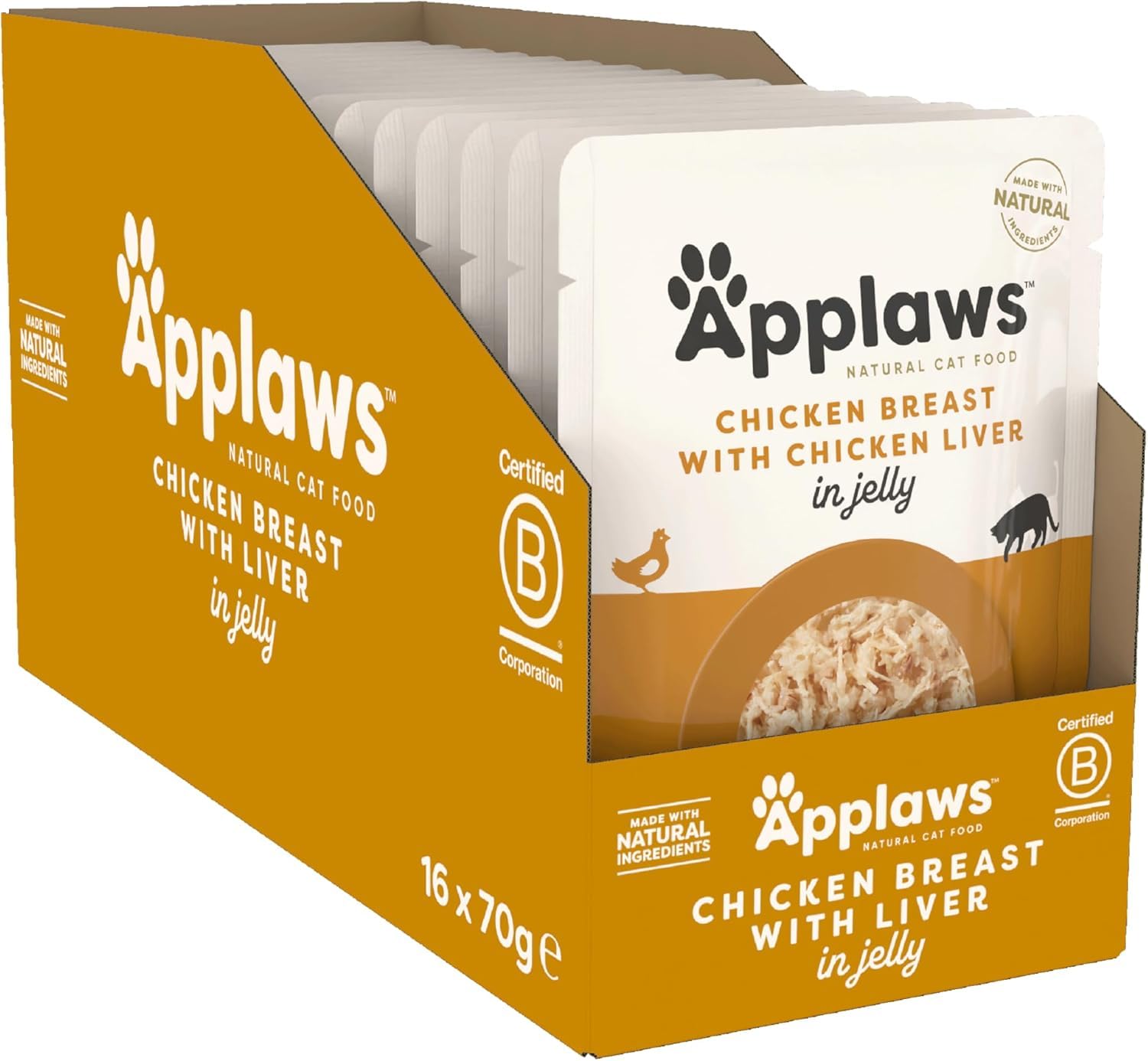 Applaws Natural Premium Wet Cat Food for Adult Cats, Chicken Breast with Liver in a Tasty Jelly Pack of 16 x 70g Pouches