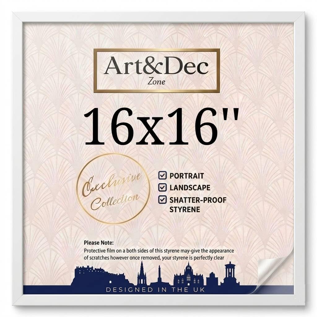 Art & Dec Zone® Modern White Picture Frame 16x16 Inch – MDF Wood Finish, High-Clarity Shatter-Proof Acrylic Cover for Posters and Artwork