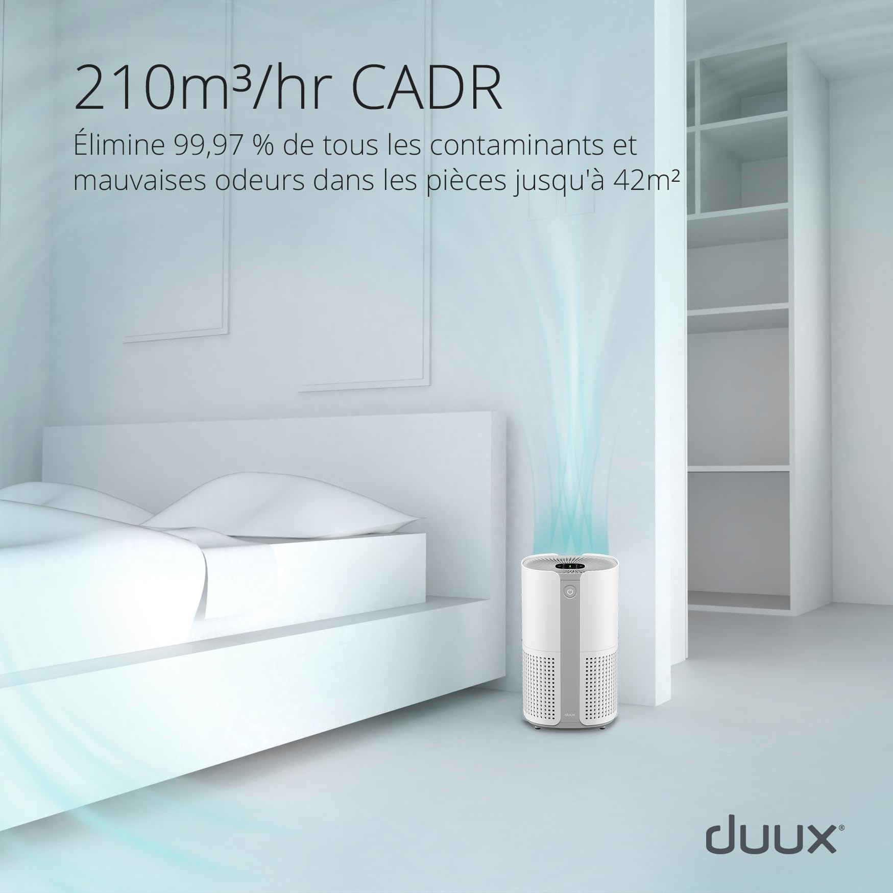 Duux Bright 2 Purificateur d'air intelligent - Purificateur d'air avec 210 CADR, indicateur de qualité de l'air et ioniseur - Nettoie jusqu'à 99,97% de la pollution jusqu'à 42m² - Blanc