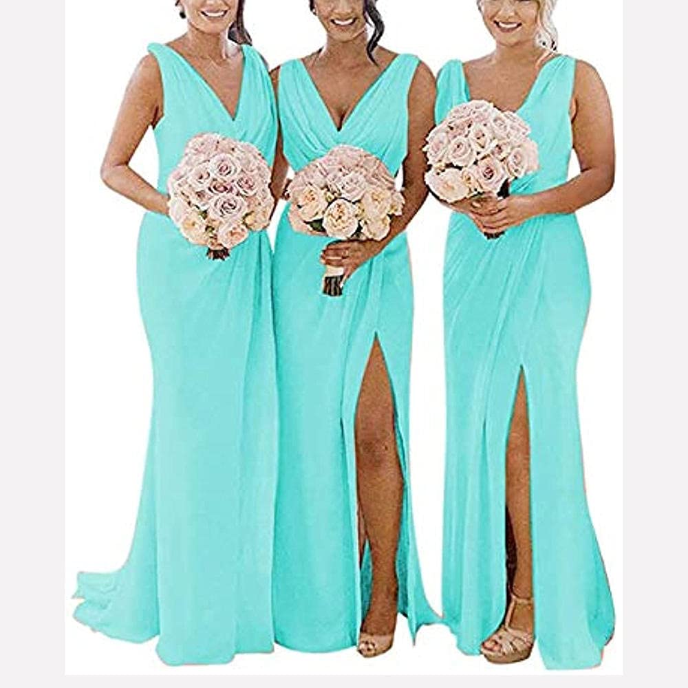 yhfshop Long Bridesmaid Evening Dress,Double shoulder V-neck chiffon slit evening gown-Water green_40,Prom Bridesmaid Long Dress