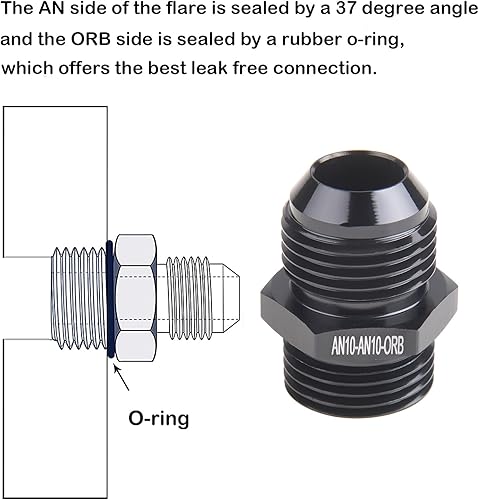 Miniatura 3 de ZHSYMX 10AN Flare to 10AN ORB Macho O-ring Boss Bomba de combustible Adaptador de riel de aluminio negro 2PCS